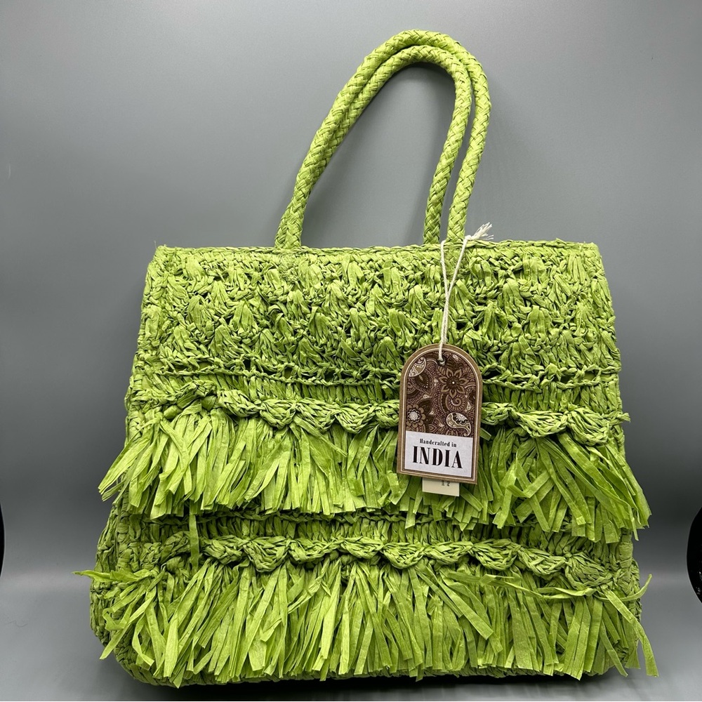 Handcrafted In India Straw Paper Purse Bag Green